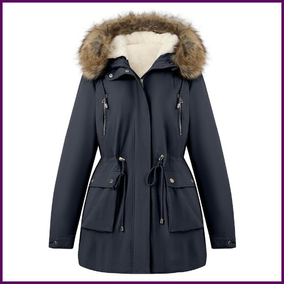 Women's Fleece Lined Parka Windproof Long Jacket with Hood